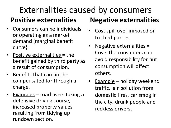 Externalities caused by consumers Positive externalities Negative externalities • Consumers can be individuals •