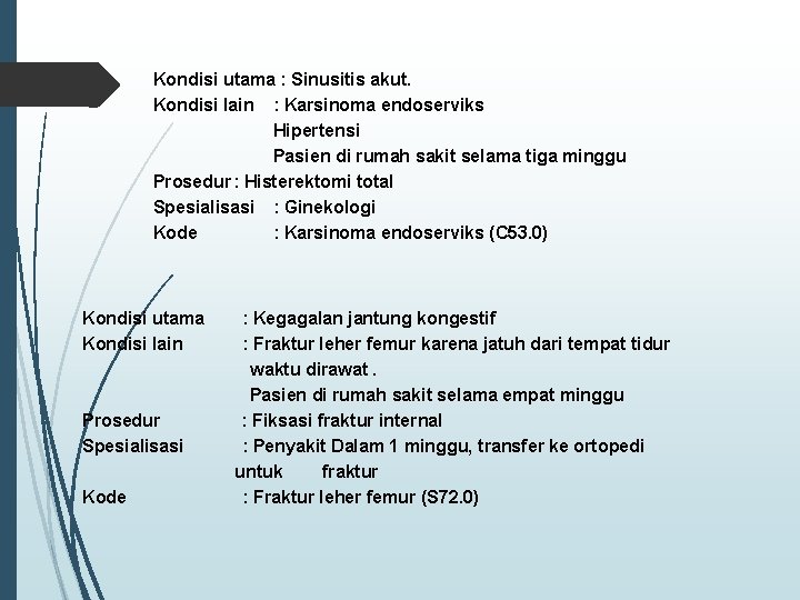 Kondisi utama : Sinusitis akut. Kondisi lain : Karsinoma endoserviks Hipertensi Pasien di rumah