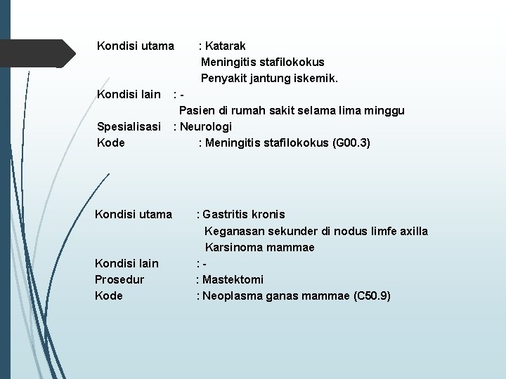 Kondisi utama Kondisi lain Spesialisasi Kode Kondisi utama Kondisi lain Prosedur Kode : Katarak