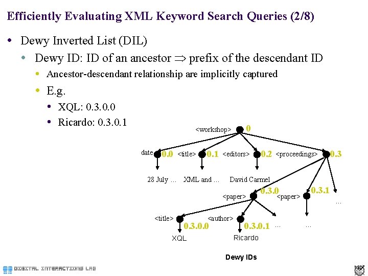 Efficiently Evaluating XML Keyword Search Queries (2/8) Dewy Inverted List (DIL) Dewy ID: ID