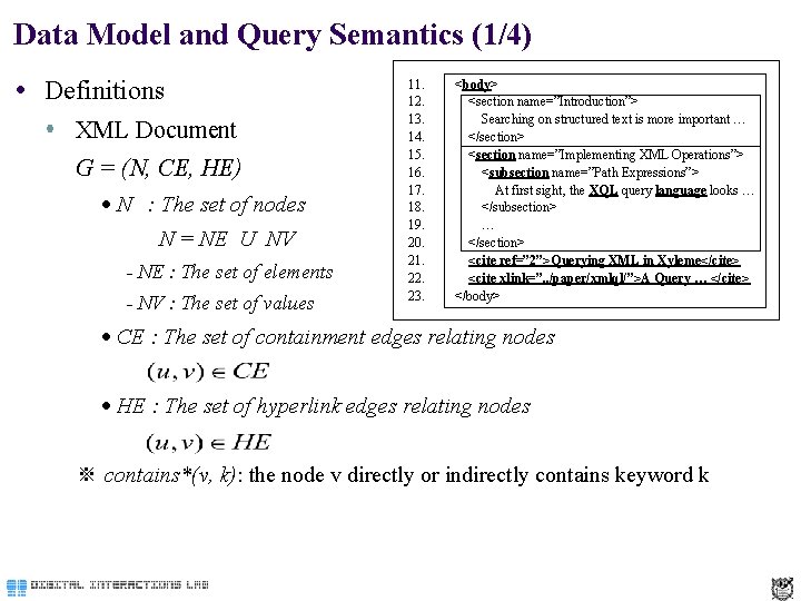 Data Model and Query Semantics (1/4) Definitions XML Document G = (N, CE, HE)