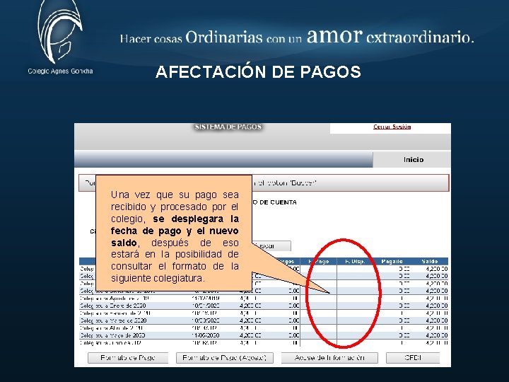 AFECTACIÓN DE PAGOS Una vez que su pago sea recibido y procesado por el