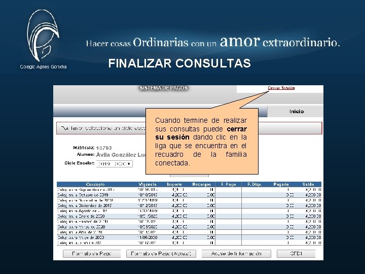 FINALIZAR CONSULTAS Cuando termine de realizar sus consultas puede cerrar su sesión dando clic