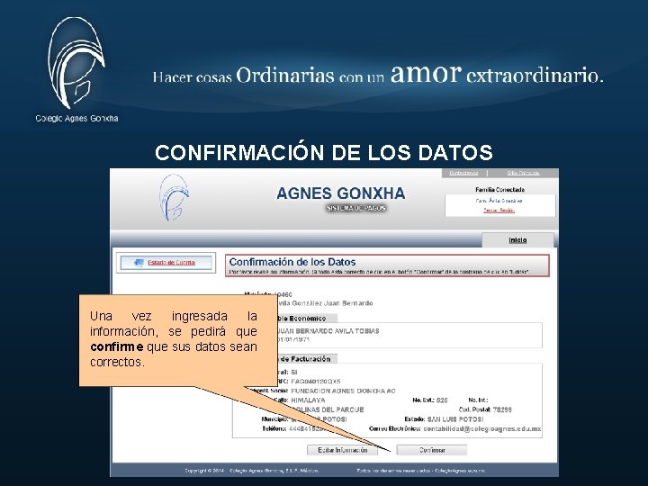 CONFIRMACIÓN DE LOS DATOS Una vez ingresada la información, se pedirá que confirme que