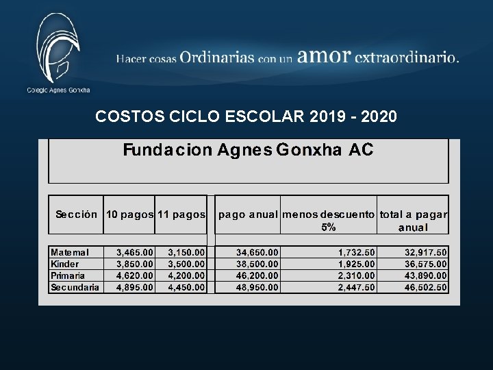 COSTOS CICLO ESCOLAR 2019 - 2020 