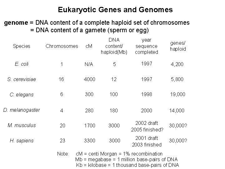Eukaryotic Genes and Genomes genome = DNA content of a complete haploid set of