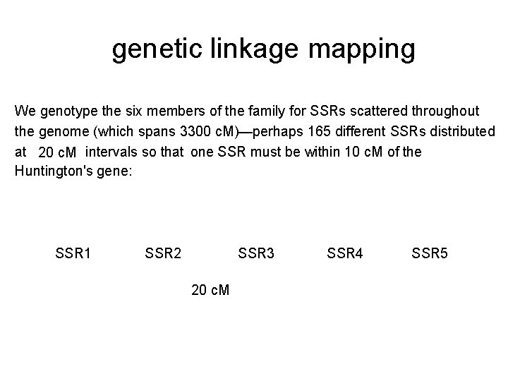 genetic linkage mapping We genotype the six members of the family for SSRs scattered