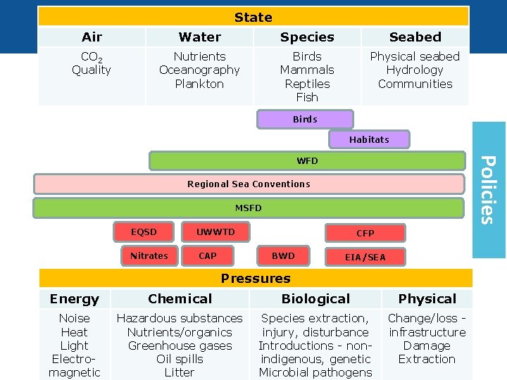 State Air Water Species Seabed CO 2 Quality Nutrients Oceanography Plankton Birds Mammals Reptiles