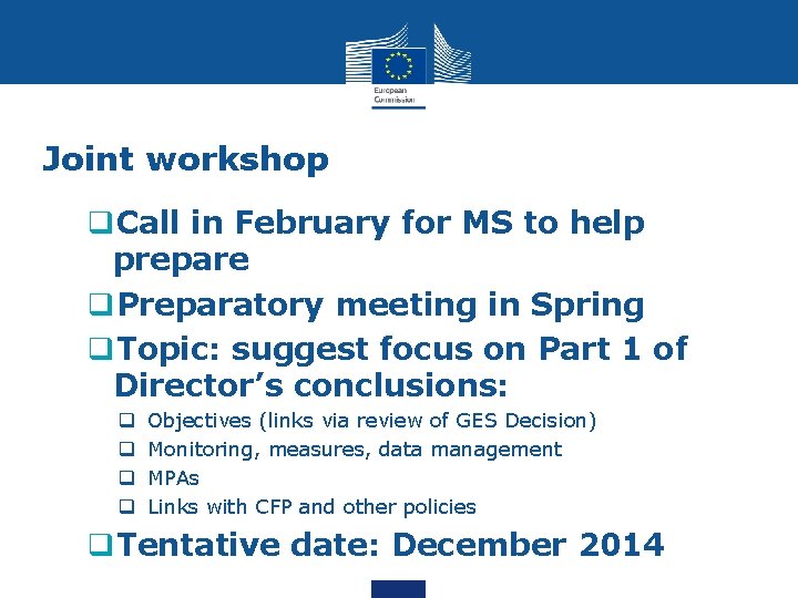 Joint workshop q. Call in February for MS to help prepare q. Preparatory meeting