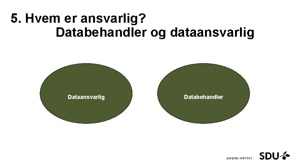 5. Hvem er ansvarlig? Databehandler og dataansvarlig Databehandler JURIDISK INSTITUT 