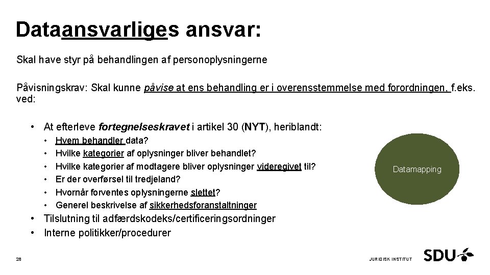 Dataansvarliges ansvar: Skal have styr på behandlingen af personoplysningerne Påvisningskrav: Skal kunne påvise at