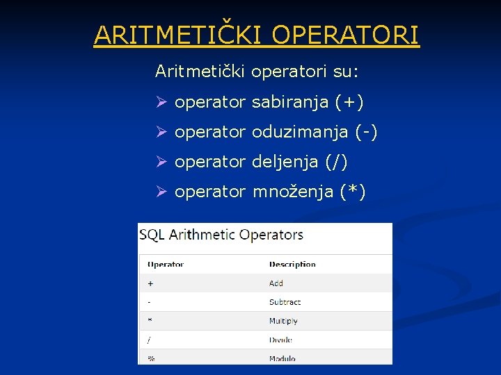 ARITMETIČKI OPERATORI Aritmetički operatori su: Ø operator sabiranja (+) Ø operator oduzimanja (-) Ø