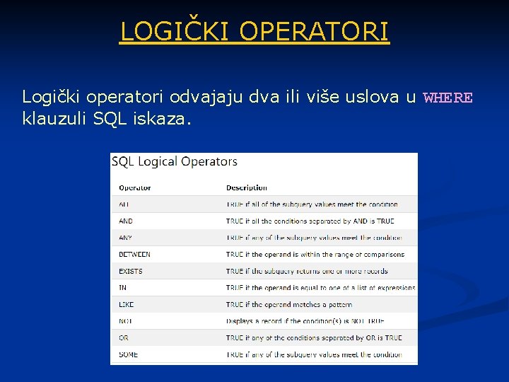 LOGIČKI OPERATORI Logički operatori odvajaju dva ili više uslova u WHERE klauzuli SQL iskaza.