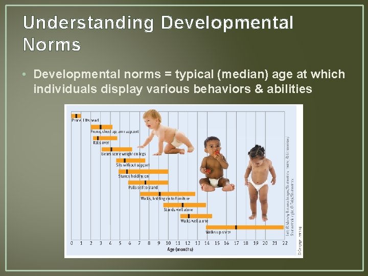 Understanding Developmental Norms • Developmental norms = typical (median) age at which individuals display