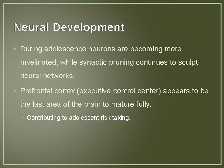 Neural Development • During adolescence neurons are becoming more myelinated, while synaptic pruning continues