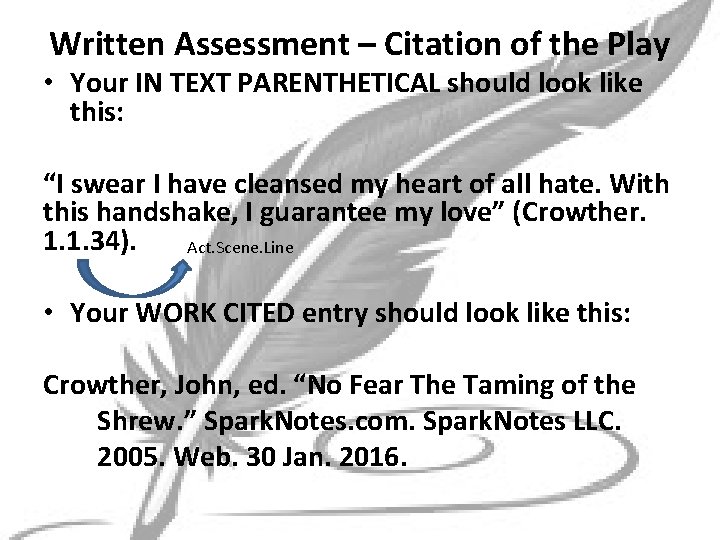 Written Assessment – Citation of the Play • Your IN TEXT PARENTHETICAL should look