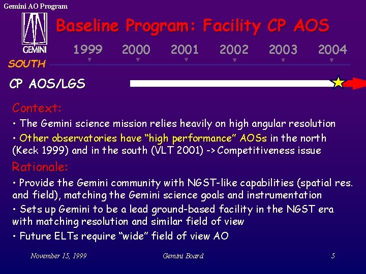 Gemini AO Program Baseline Program: Facility CP AOS SOUTH 1999 2000 2001 2002 2003 Gemini AO Program Baseline Program: Facility CP AOS SOUTH 1999 2000 2001 2002 2003