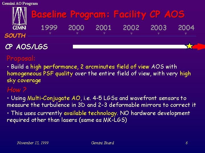 Gemini AO Program Baseline Program: Facility CP AOS SOUTH 1999 2000 2001 2002 2003 Gemini AO Program Baseline Program: Facility CP AOS SOUTH 1999 2000 2001 2002 2003