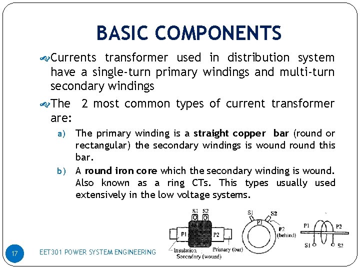 BASIC COMPONENTS Currents transformer used in distribution system have a single-turn primary windings and