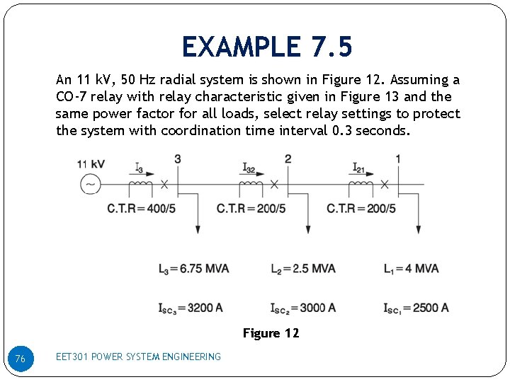 EXAMPLE 7. 5 An 11 k. V, 50 Hz radial system is shown in