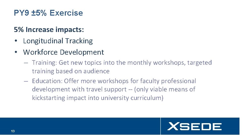 PY 9 ± 5% Exercise 5% Increase impacts: • Longitudinal Tracking • Workforce Development