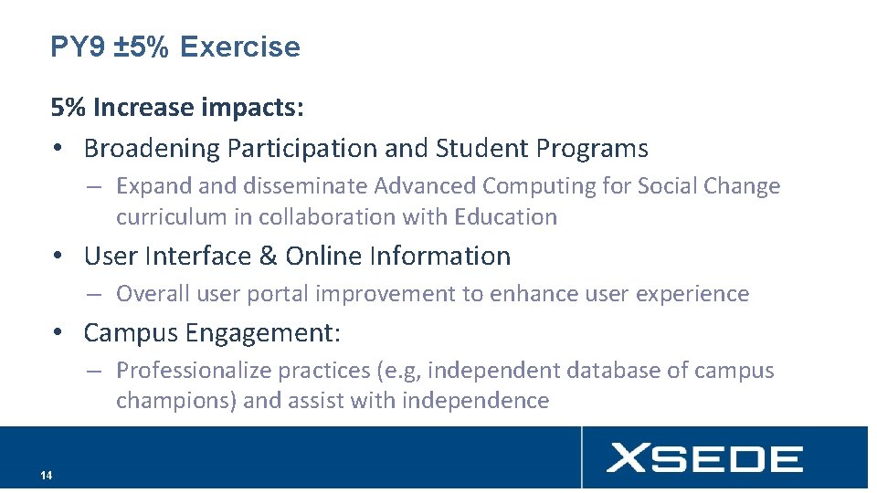 PY 9 ± 5% Exercise 5% Increase impacts: • Broadening Participation and Student Programs