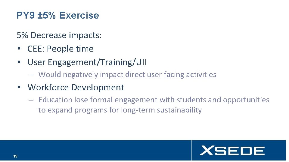 PY 9 ± 5% Exercise 5% Decrease impacts: • CEE: People time • User