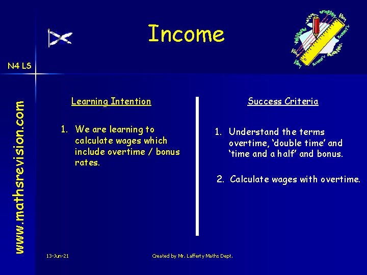 Income www. mathsrevision. com N 4 LS Learning Intention Success Criteria 1. We are