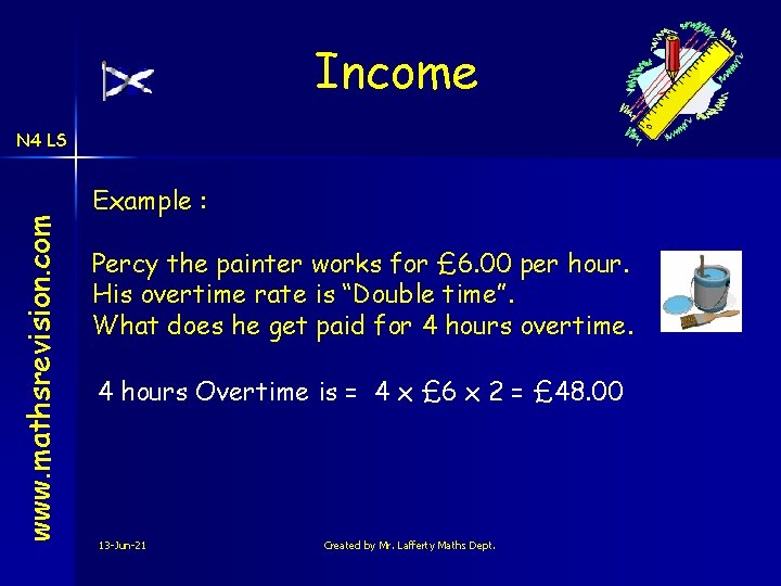 Income www. mathsrevision. com N 4 LS Example : Percy the painter works for