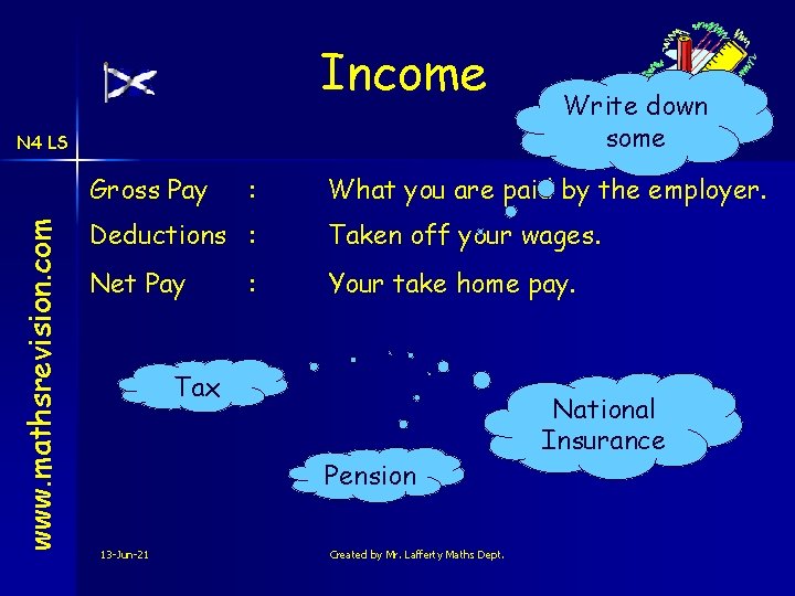 Income N 4 LS www. mathsrevision. com Gross Pay : Write down some What