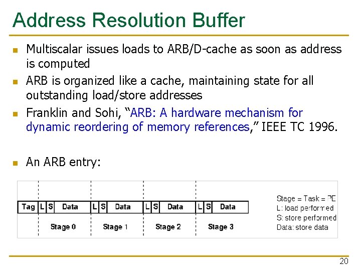 Address Resolution Buffer n n Multiscalar issues loads to ARB/D-cache as soon as address