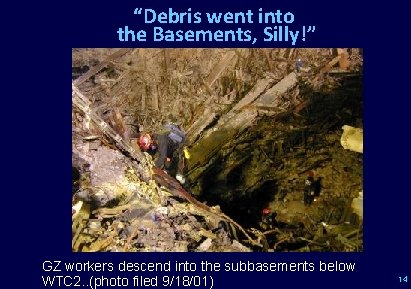 “Debris went into the Basements, Silly!” GZ workers descend into the subbasements below WTC