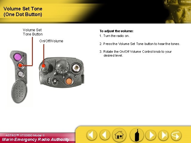 Volume Set Tone (One Dot Button) Volume Set Tone Button On/Off/Volume To adjust the