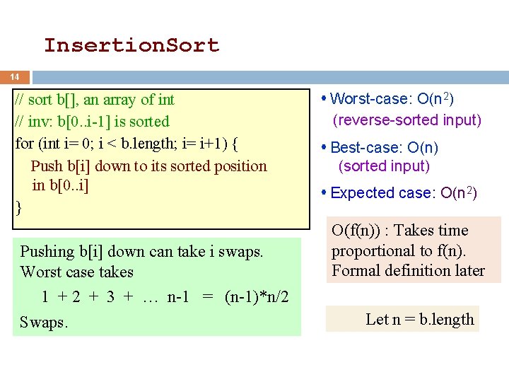 Insertion. Sort 14 // sort b[], an array of int // inv: b[0. .