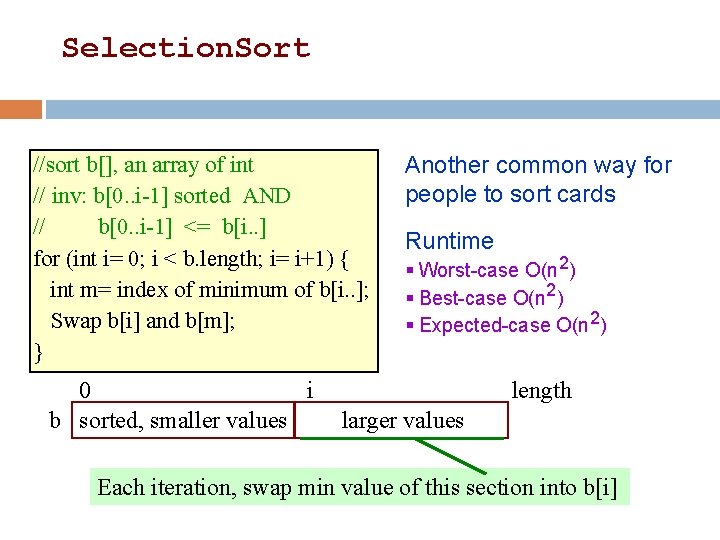 Selection. Sort 16 //sort b[], an array of int // inv: b[0. . i-1]