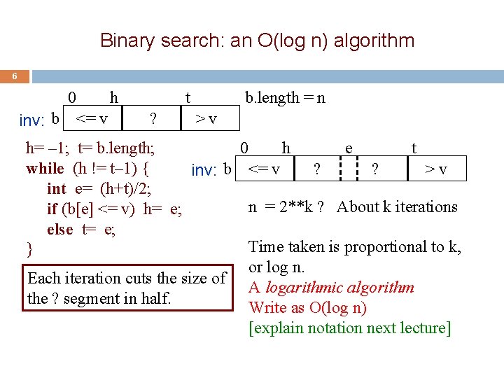 Binary search: an O(log n) algorithm 6 0 inv: b h <= v t