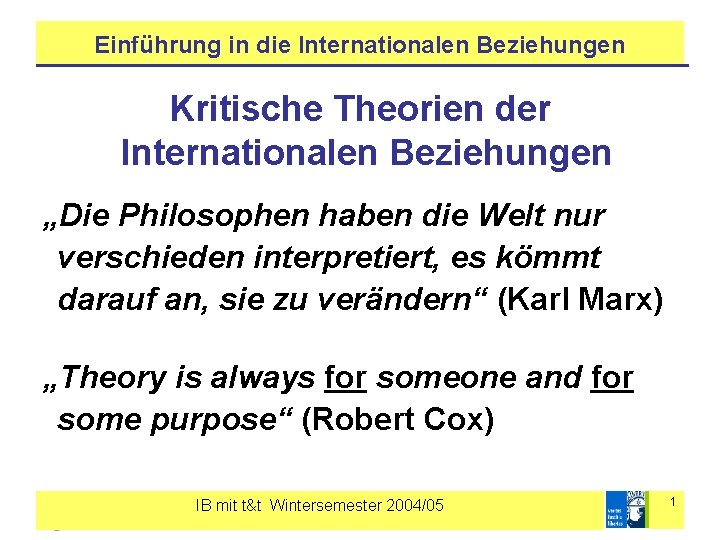 Einführung in die Internationalen Beziehungen Kritische Theorien der Internationalen Beziehungen „Die Philosophen haben die