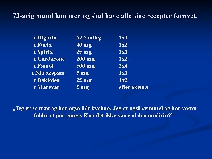 73 -årig mand kommer og skal have alle sine recepter fornyet. t. Digoxin, t