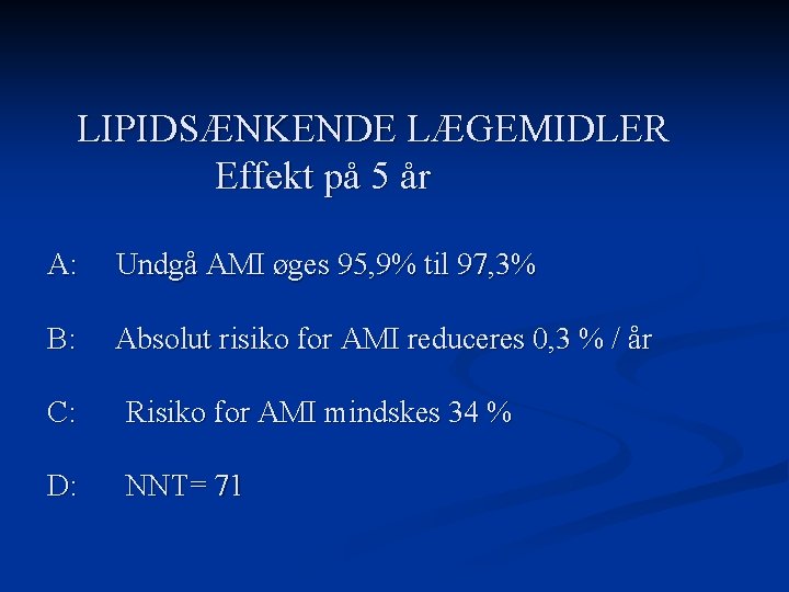 LIPIDSÆNKENDE LÆGEMIDLER Effekt på 5 år A: Undgå AMI øges 95, 9% til 97,