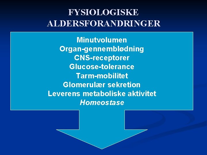 FYSIOLOGISKE ALDERSFORANDRINGER Minutvolumen Organ-gennemblødning CNS-receptorer Glucose-tolerance Tarm-mobilitet Glomerulær sekretion Leverens metaboliske aktivitet Homeostase 