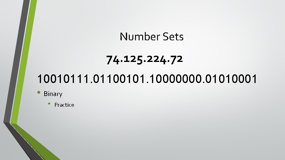 Number Sets 74. 125. 224. 72 10010111. 01100101. 10000000. 01010001 • Binary • Practice