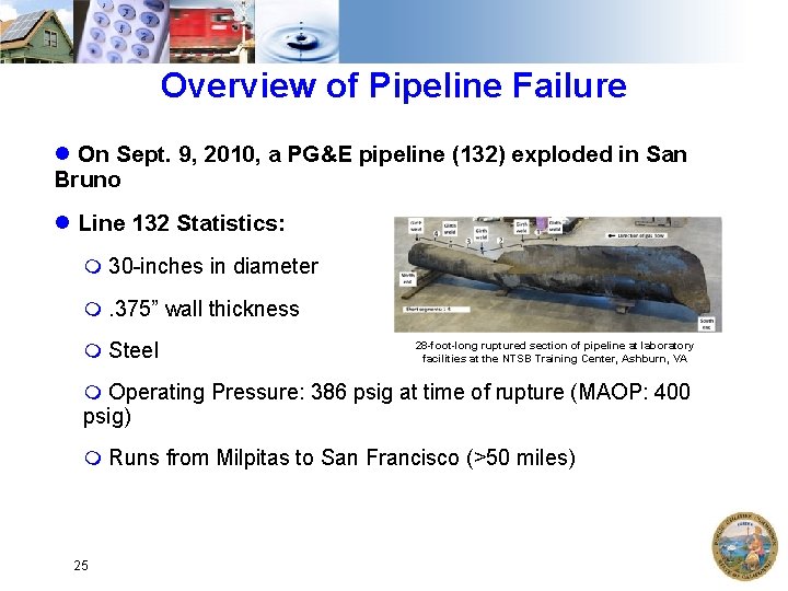 Overview of Pipeline Failure On Sept. 9, 2010, a PG&E pipeline (132) exploded in