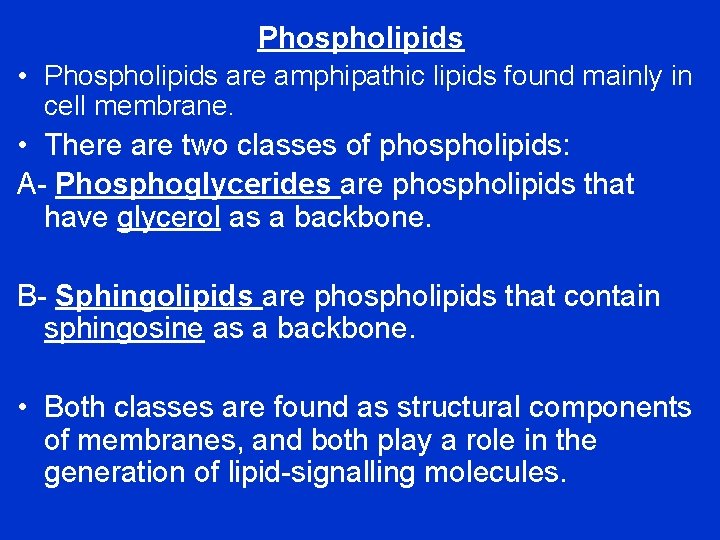 Phospholipids • Phospholipids are amphipathic lipids found mainly in cell membrane. • There are