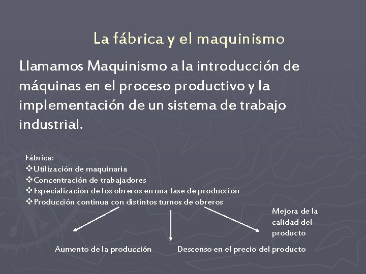 La fábrica y el maquinismo Llamamos Maquinismo a la introducción de máquinas en el