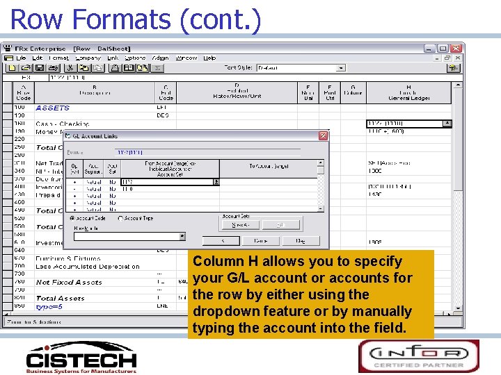 Row Formats (cont. ) Column H allows you to specify your G/L account or
