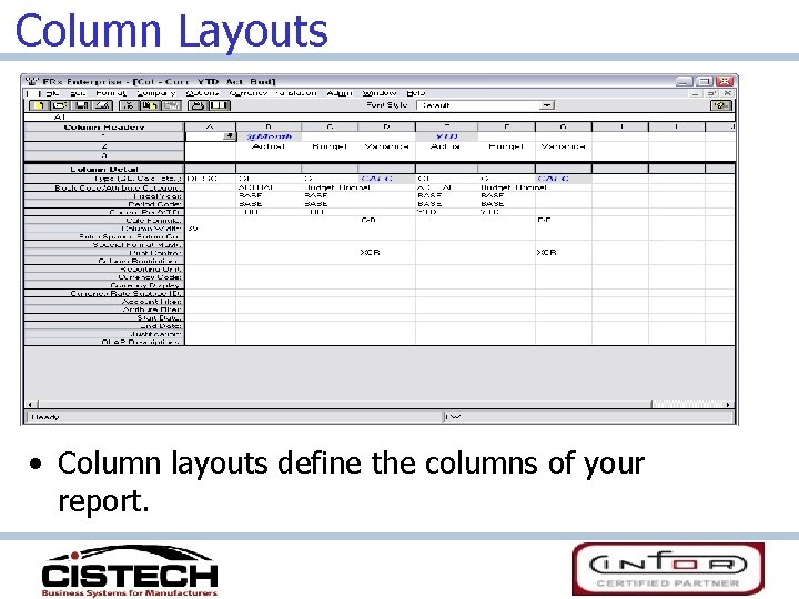 Column Layouts • Column layouts define the columns of your report. 