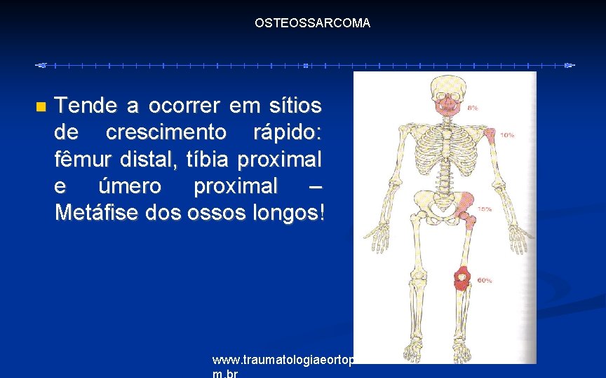 OSTEOSSARCOMA Tende a ocorrer em sítios de crescimento rápido: fêmur distal, tíbia proximal e