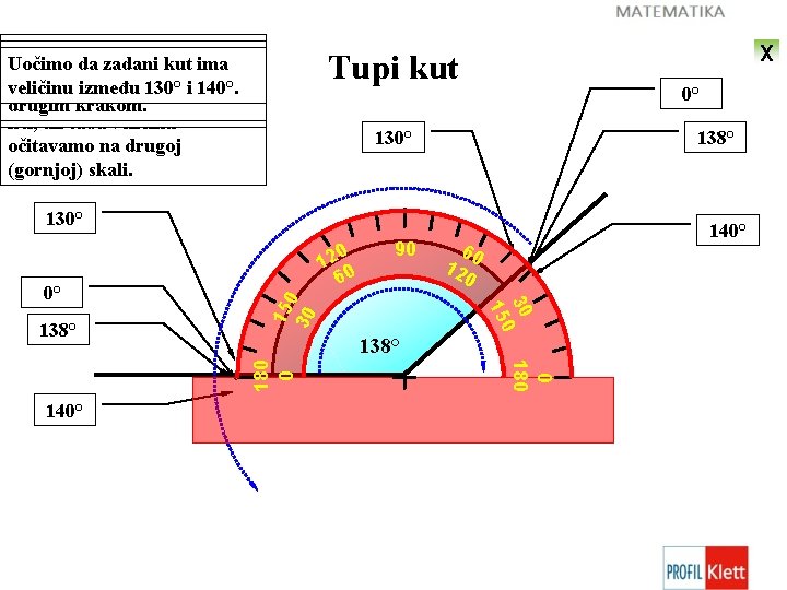 Kao i kodkuta šiljastoga kuta, Veličinu očitamo na (138°) Kod mjerenja tupoga Uočimo da
