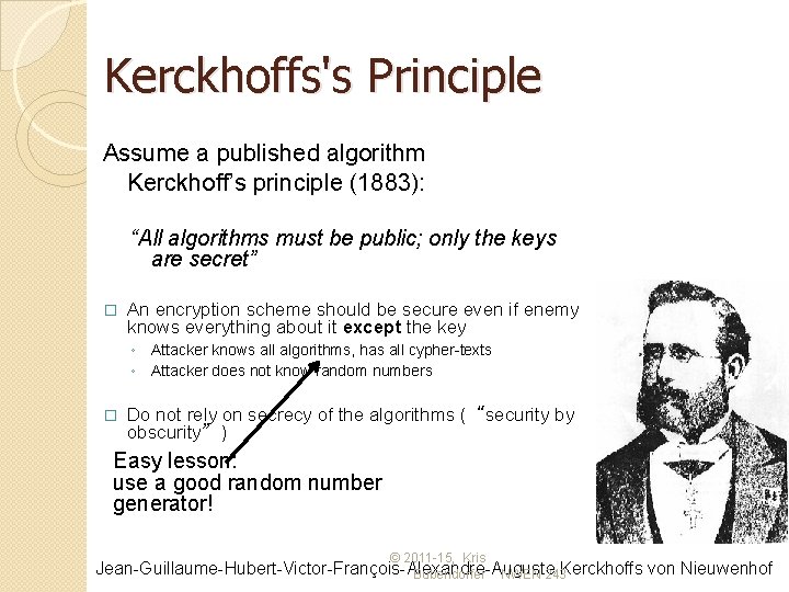 Kerckhoffs's Principle Assume a published algorithm Kerckhoff’s principle (1883): “All algorithms must be public;
