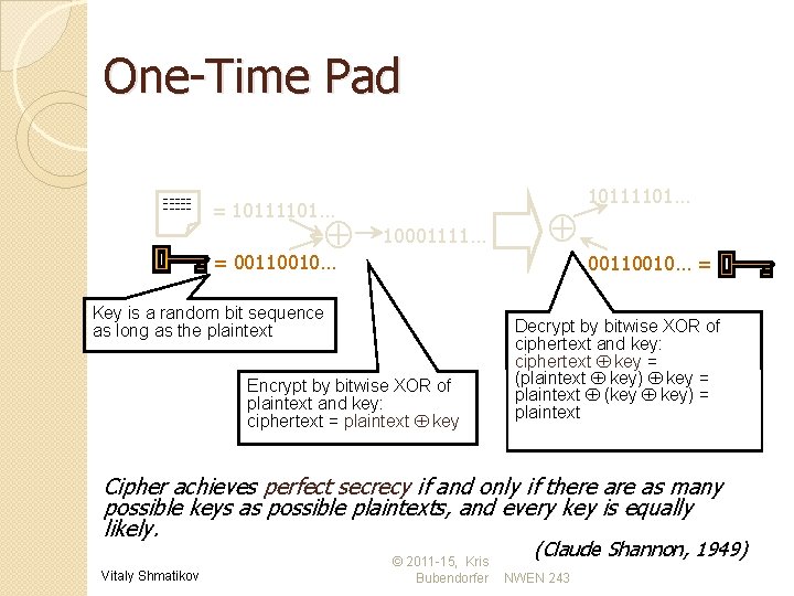 One-Time Pad ------- = 10111101… 10001111… = 00110010… Key is a random bit sequence